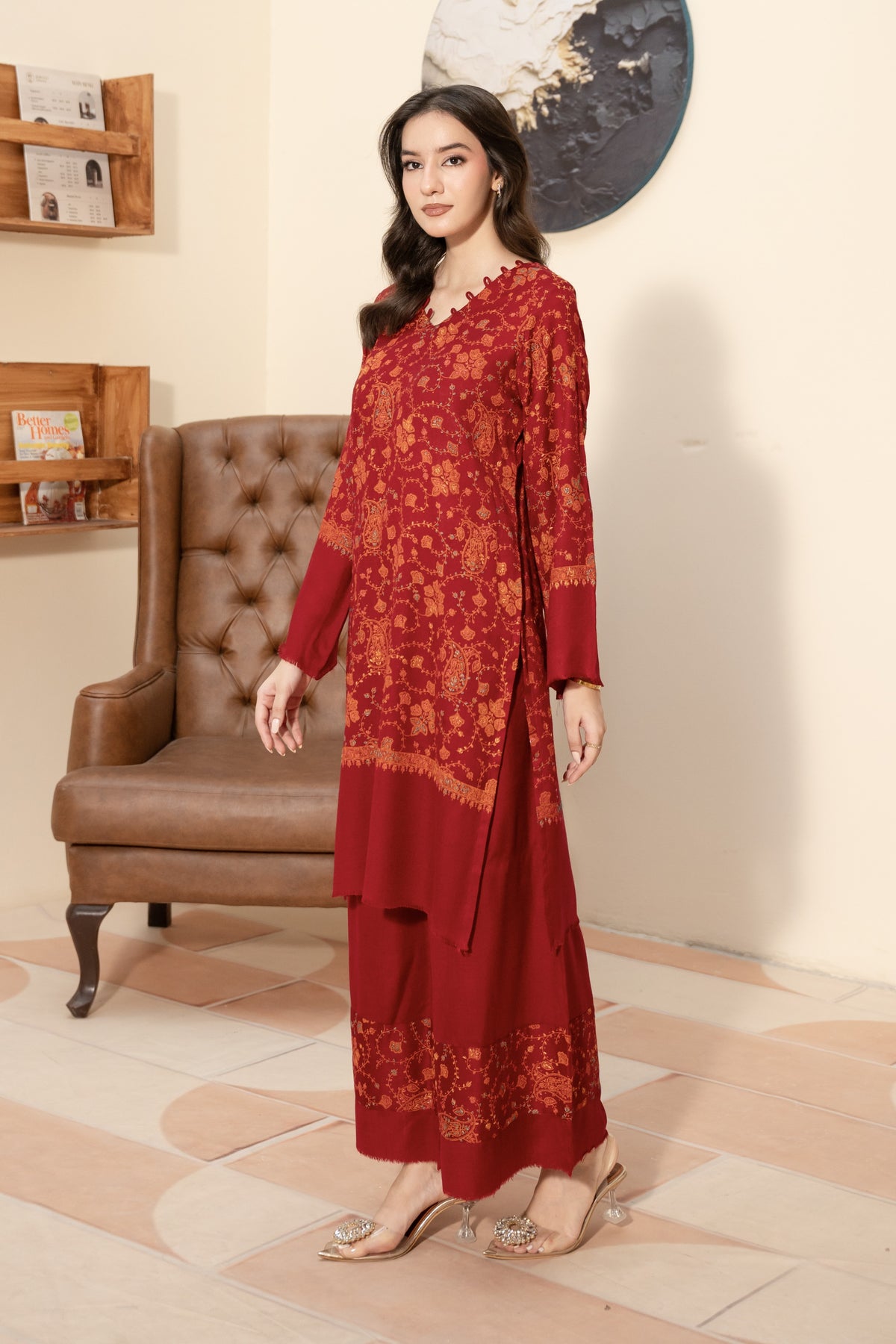 Hand Embroidered Pashmina Wool Coord Set - Red