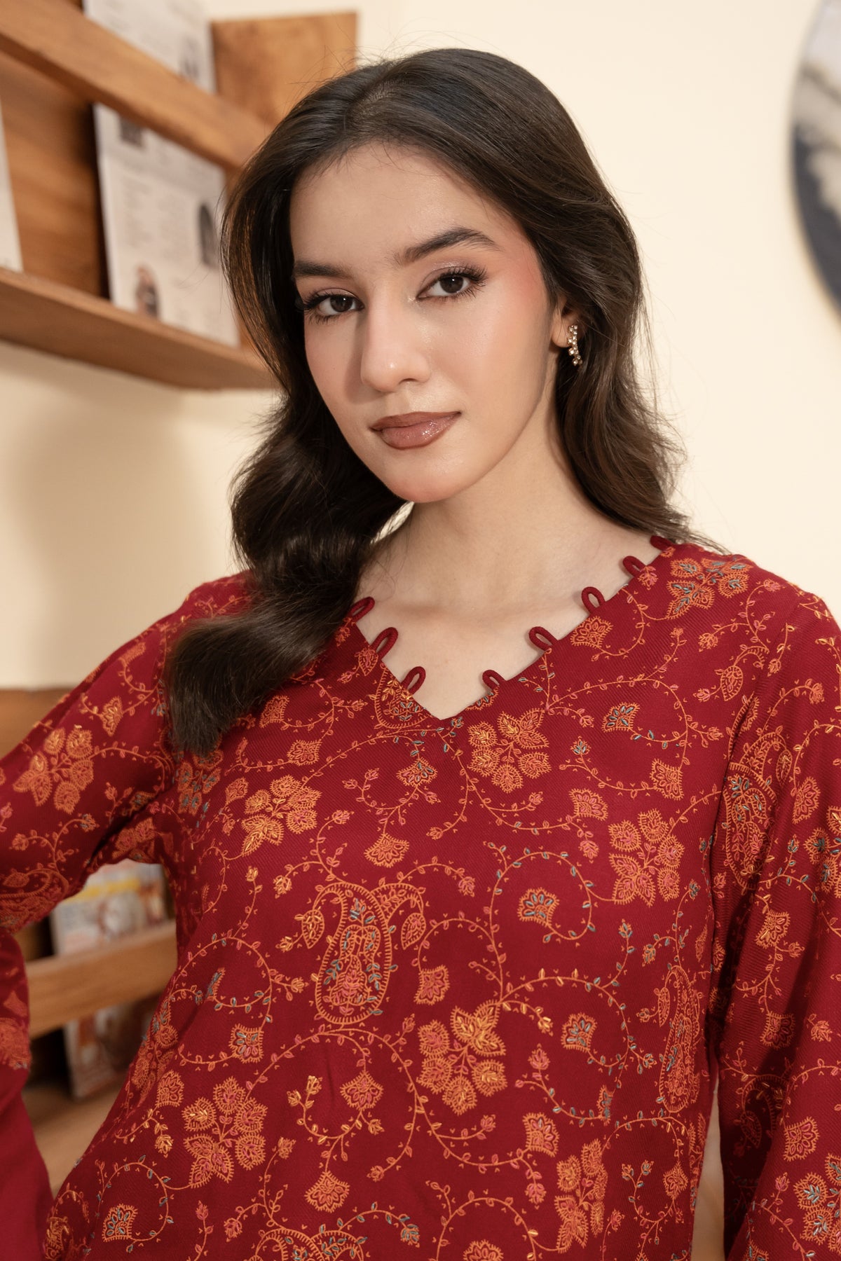 Hand Embroidered Pashmina Wool Coord Set - Red