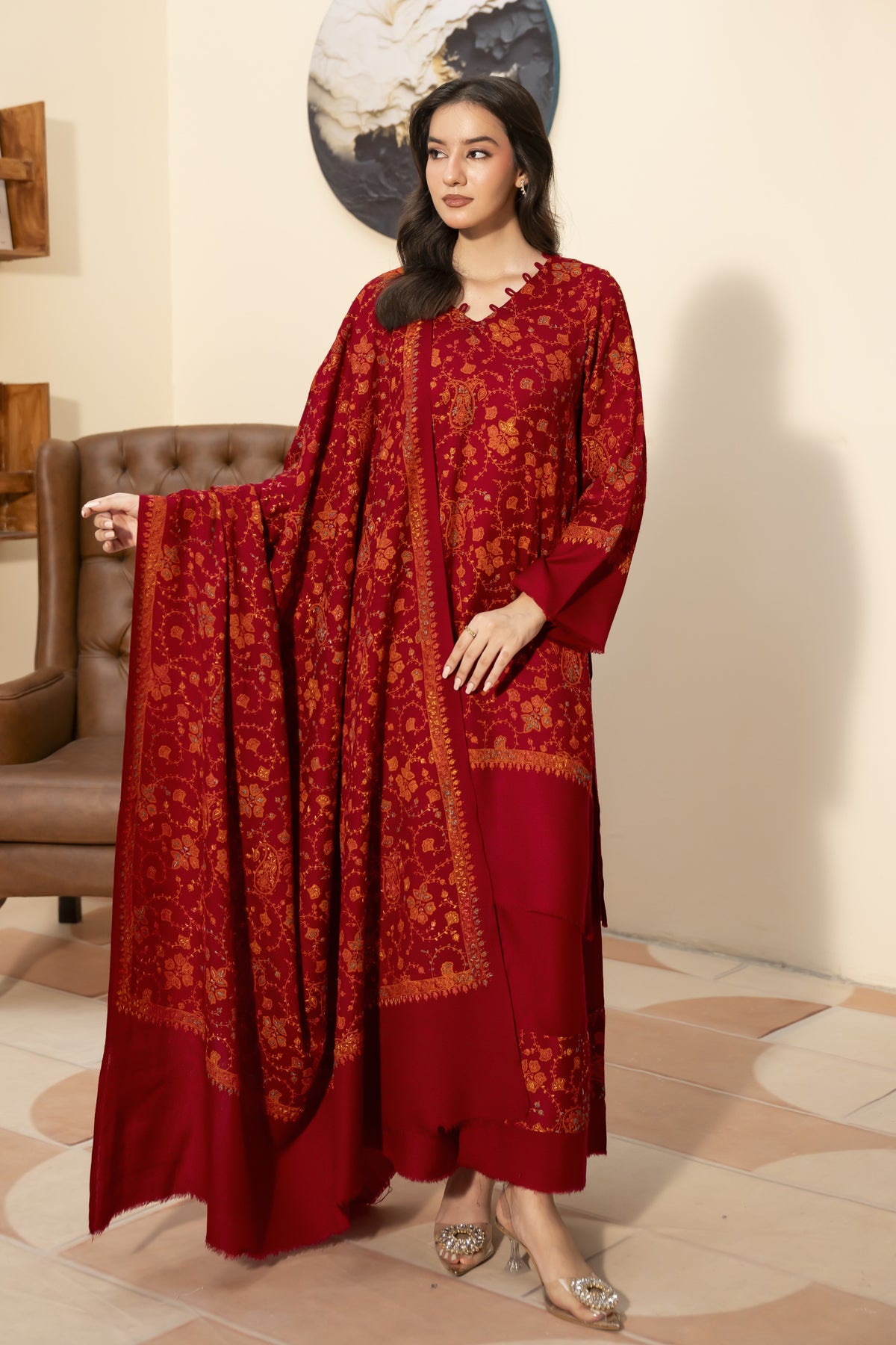 Red Pashmina Needlework Shawl