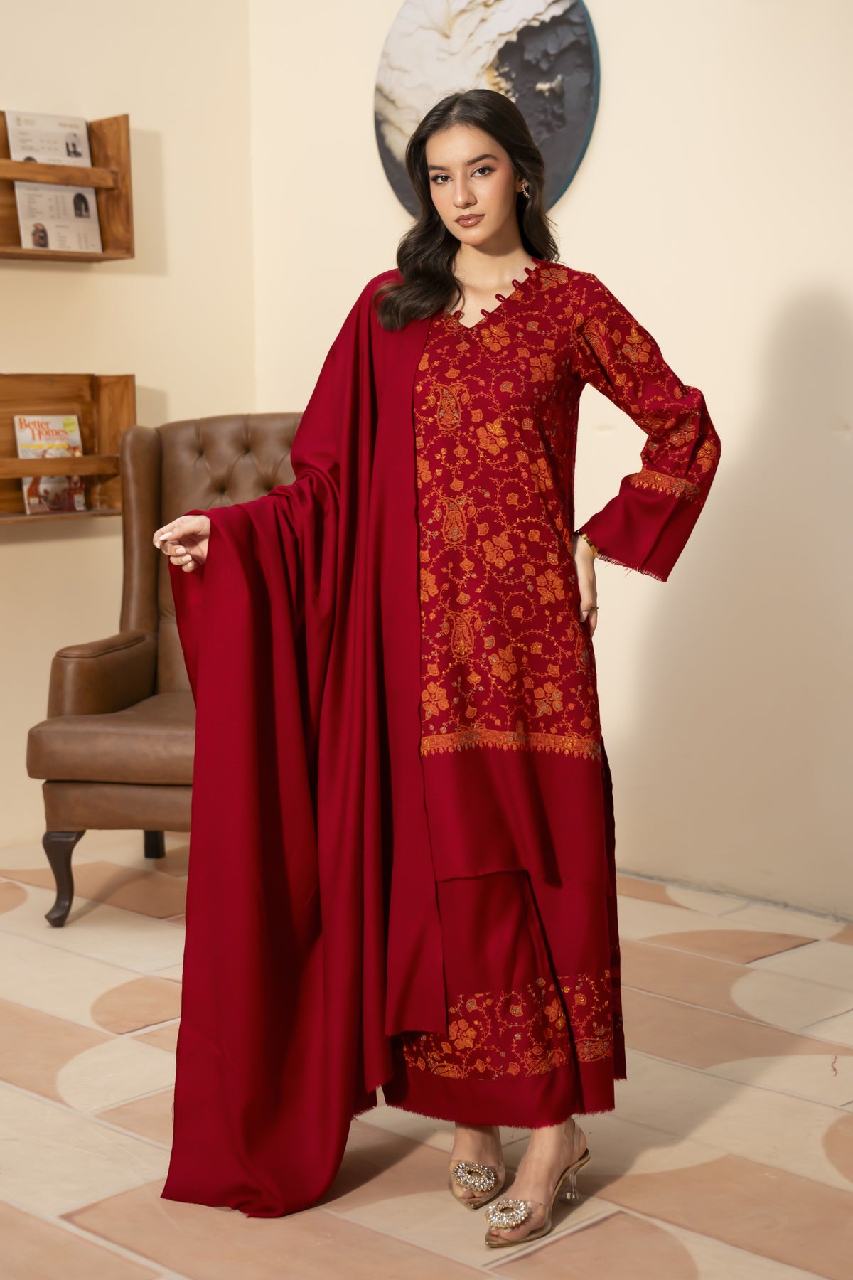 Plain Pashmina Wool Shawl-Red