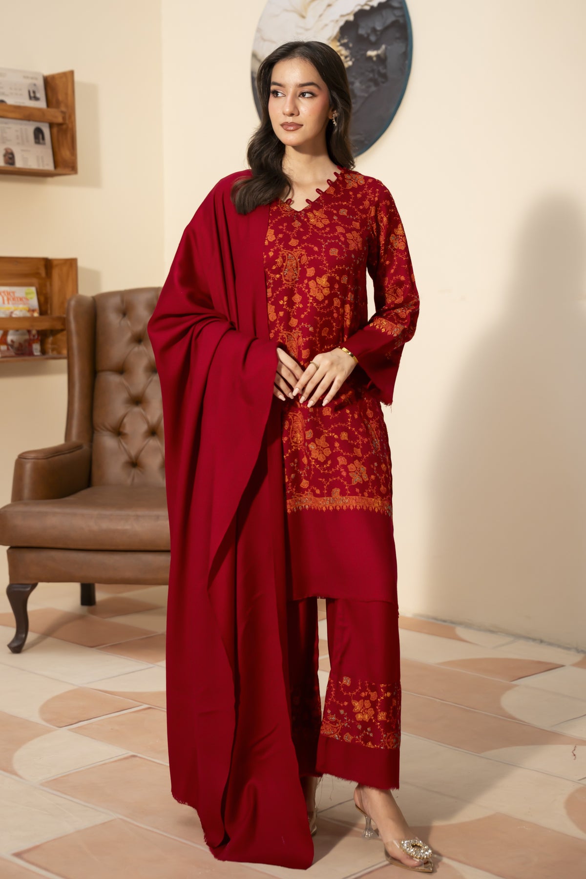 Plain Pashmina Wool Shawl-Red