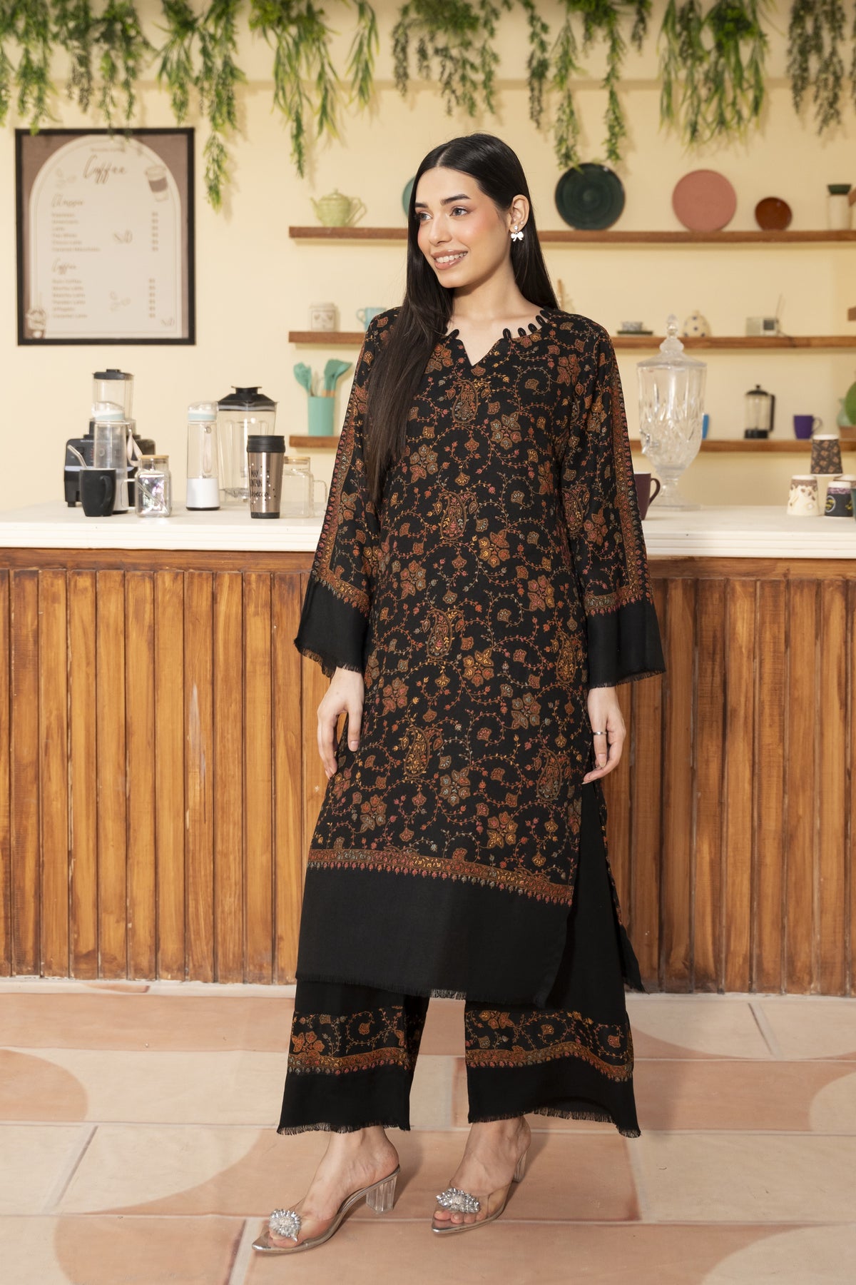 Hand Embroidered Pashmina Wool Coord Set - Black