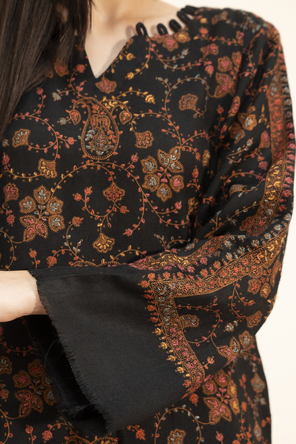 Hand Embroidered Pashmina Wool Coord Set - Black