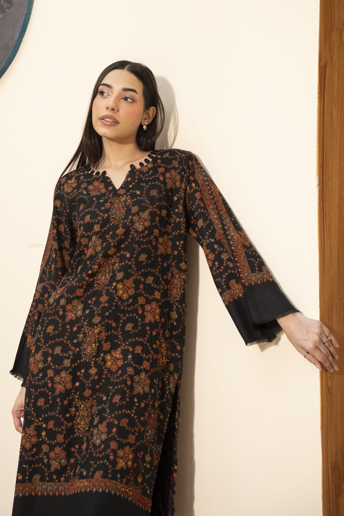 Hand Embroidered Pashmina Wool Coord Set - Black