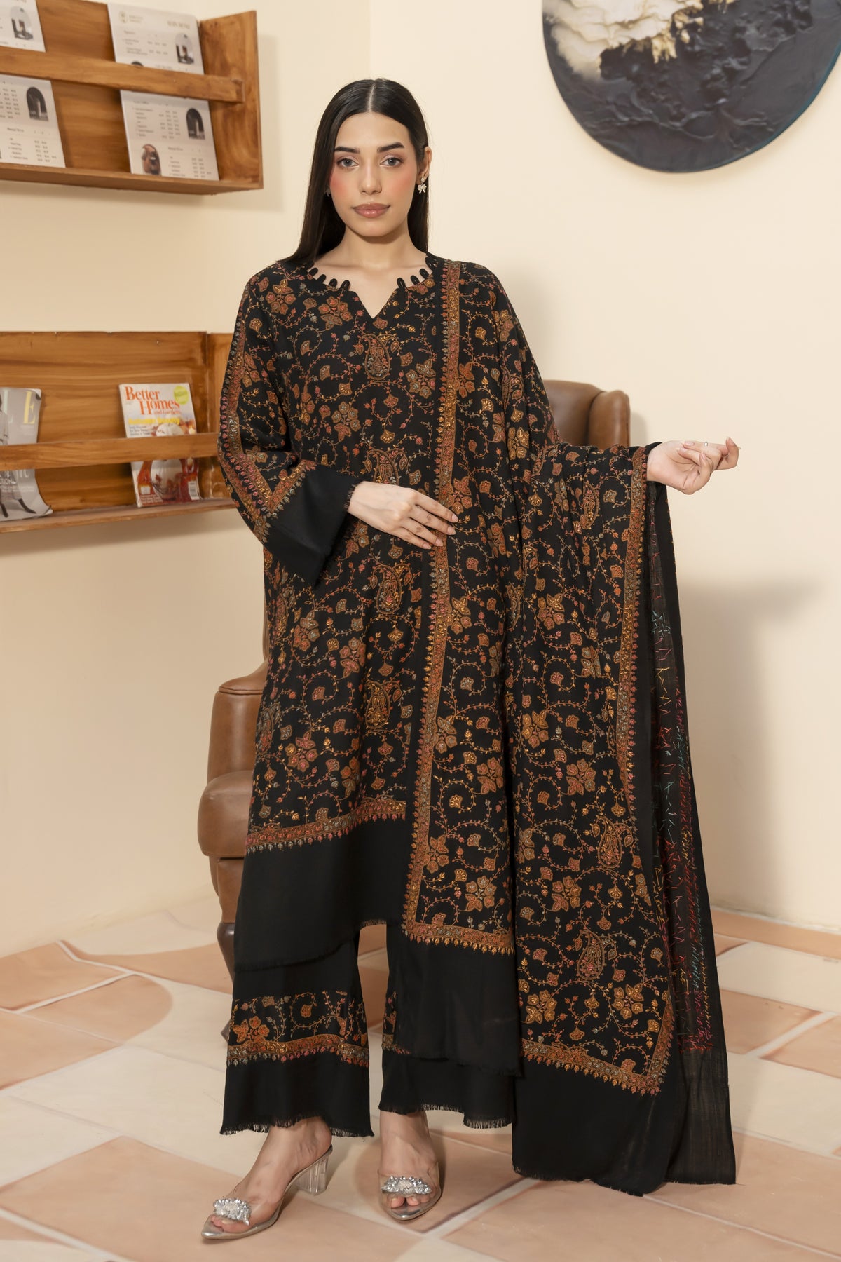 Black Pashmina Needlework Shawl