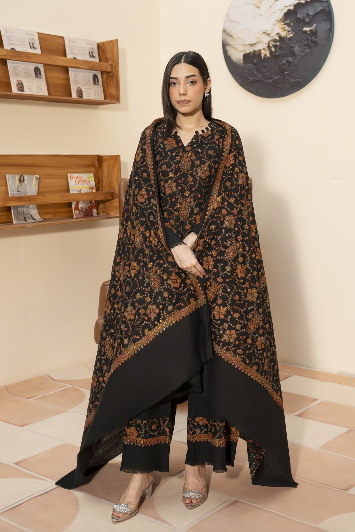 Black Pashmina Needlework Shawl