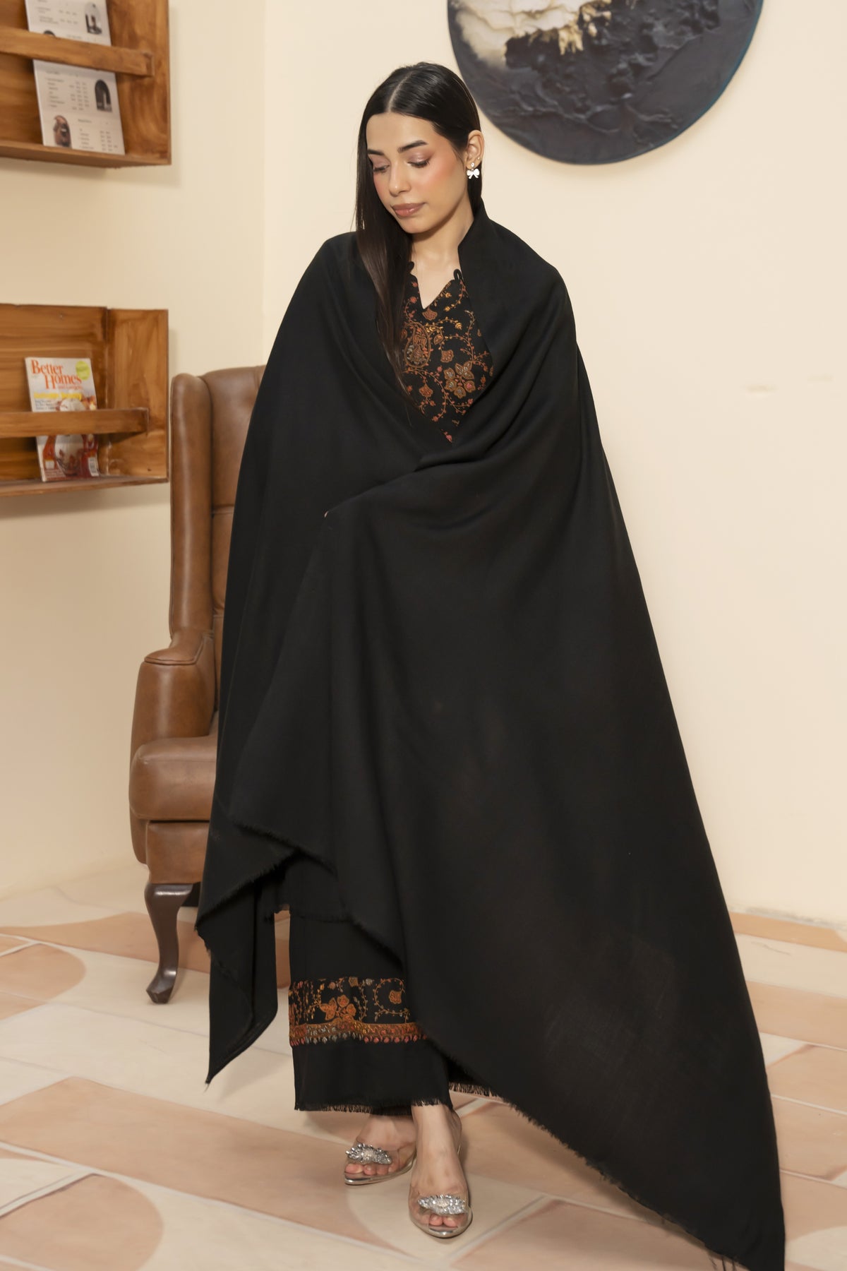 Plain Pashmina Wool Shawl- Black