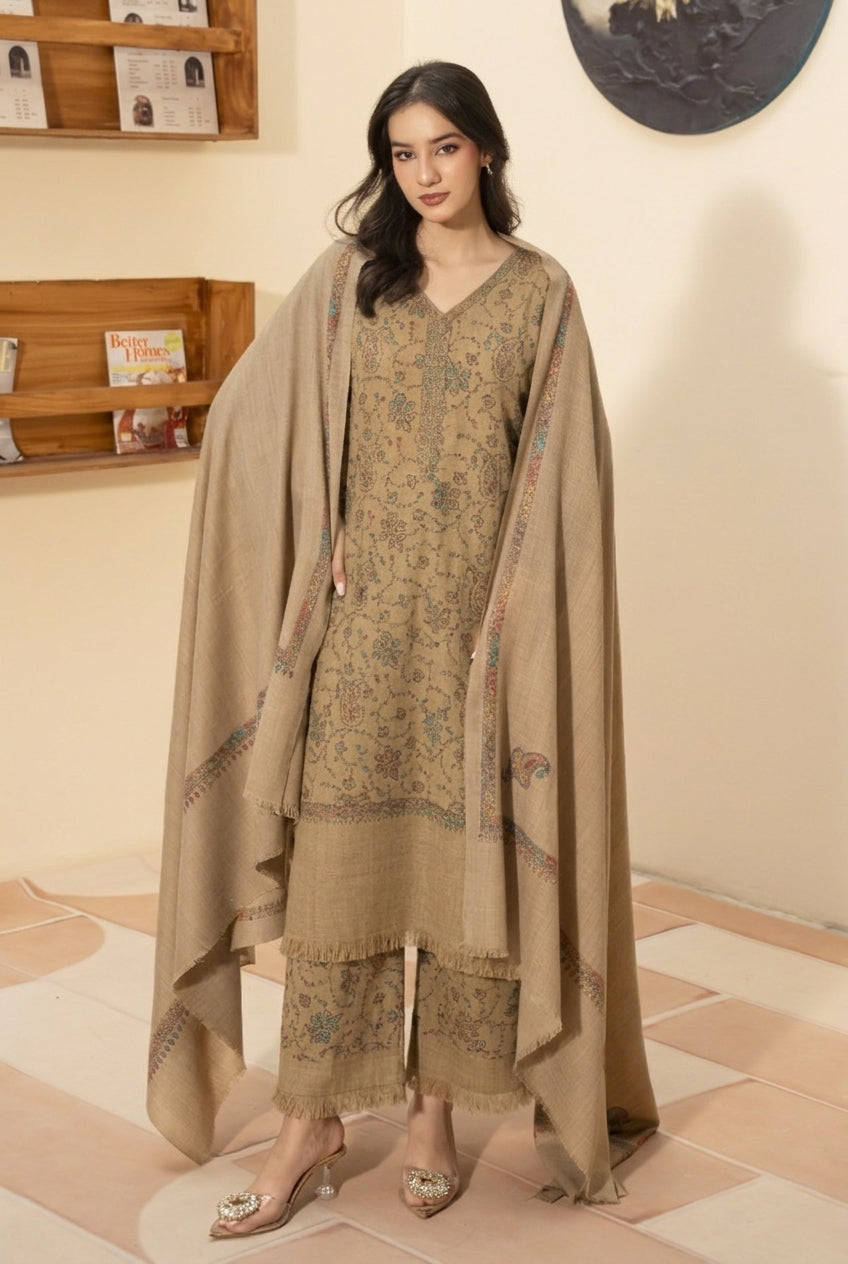 Kingri embroidered pashmina wool shawl in beige styled with beige hand embroidered pashmina coord set