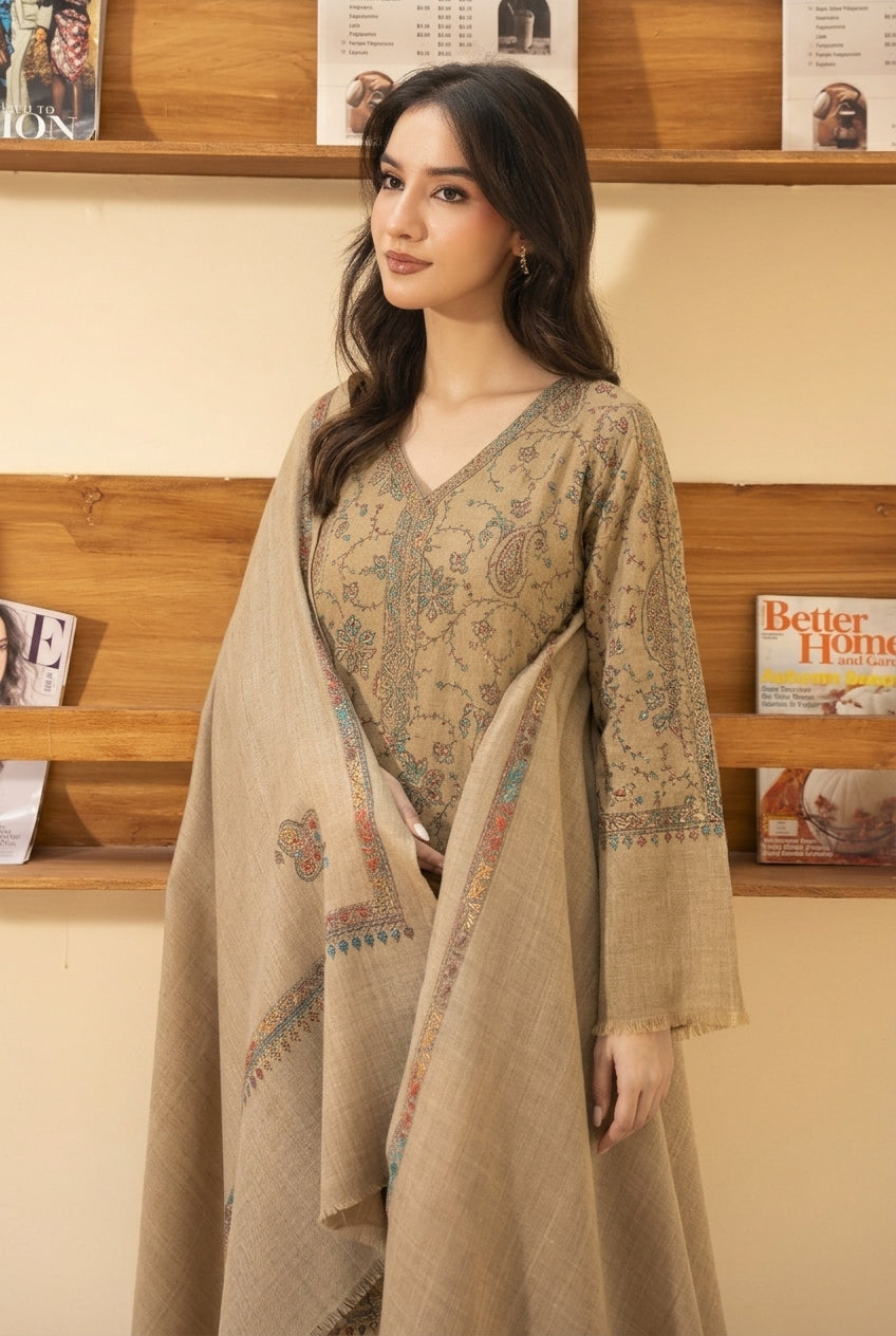 Kingri embroidered pashmina wool shawl in beige styled with beige hand embroidered pashmina coord set