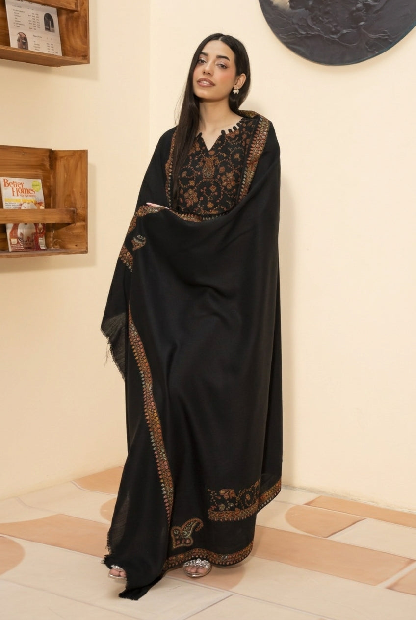 Kingri embroidered pashmina wool shawl in black styled with black hand embroidered pashmina coord set