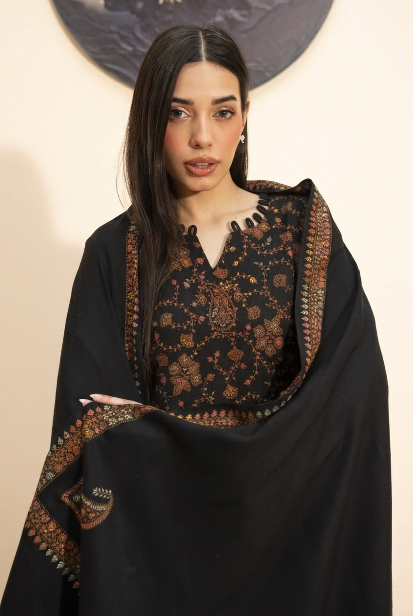 Kingri embroidered pashmina wool shawl in black styled with black hand embroidered pashmina coord set, close-up