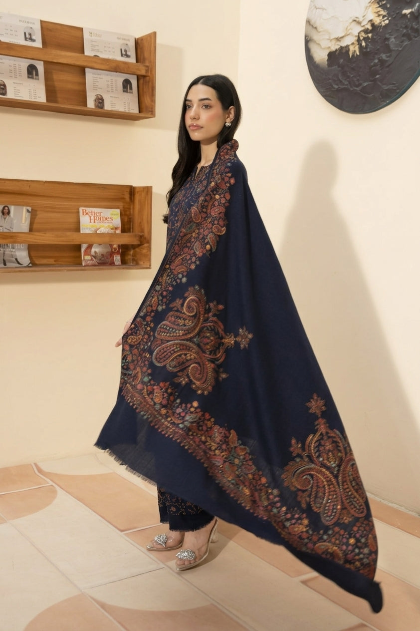 Kashmiri hand embroidered pashmina shawl in navy blue styled with navy blue hand embroidered pashmina coord set, side view
