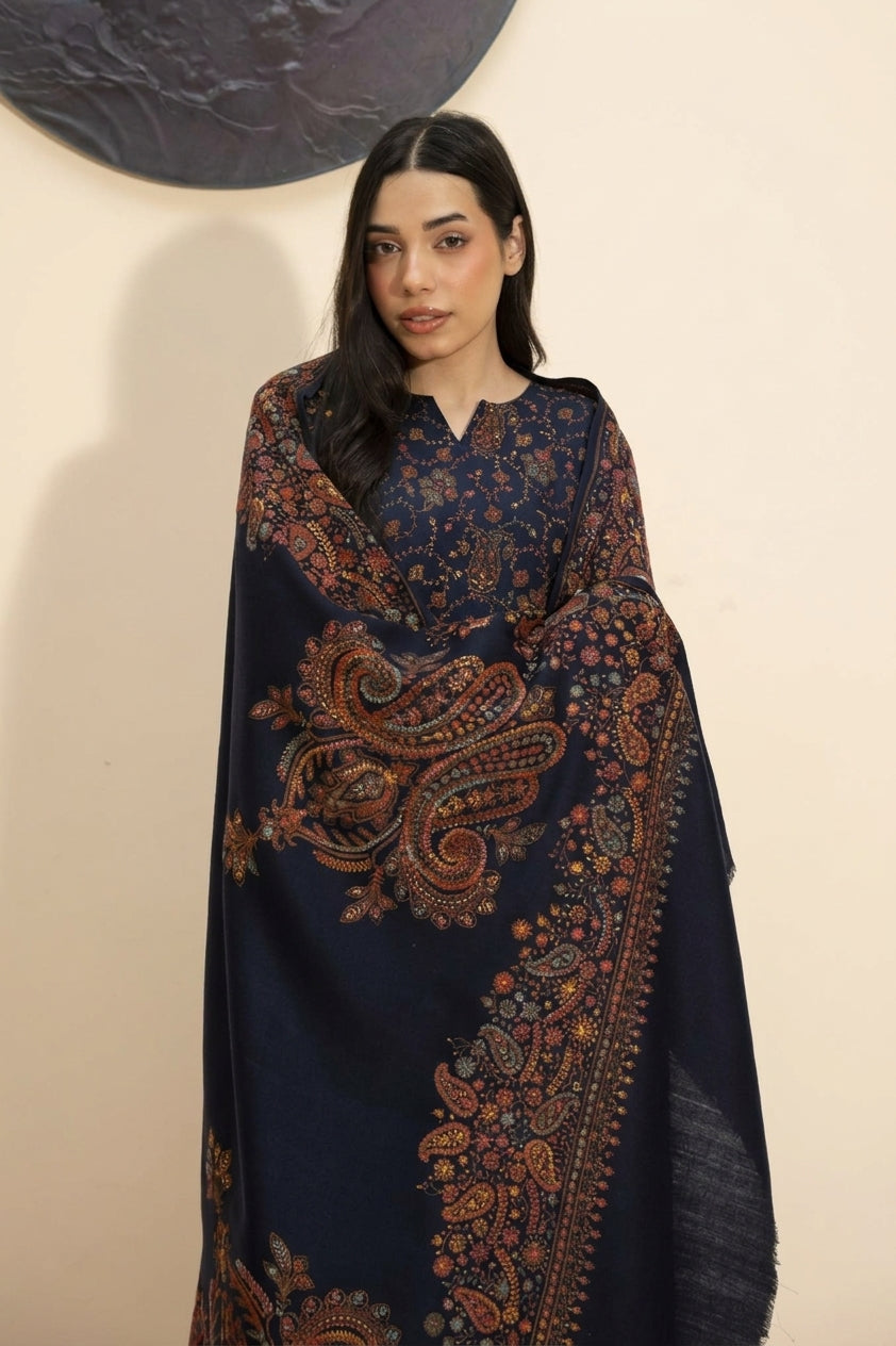 Kashmiri hand embroidered pashmina shawl in navy blue styled with navy blue hand embroidered pashmina coord set