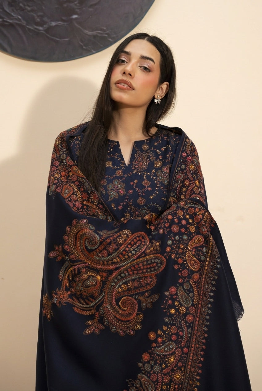 Kashmiri hand embroidered pashmina shawl in navy blue styled with navy blue hand embroidered pashmina coord set, close-up