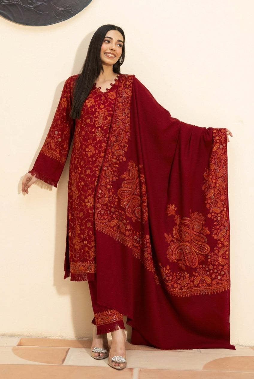 Kashmiri hand embroidered pashmina shawl in maroon styled with red hand embroidered pashmina coord set