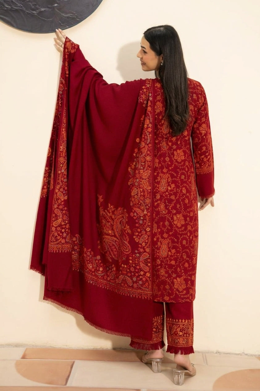 Kashmiri hand embroidered pashmina shawl in maroon styled with red hand embroidered pashmina coord set, back view