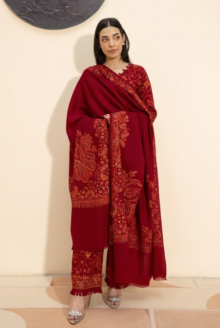 Kashmiri hand embroidered pashmina shawl in maroon styled with red hand embroidered pashmina coord set