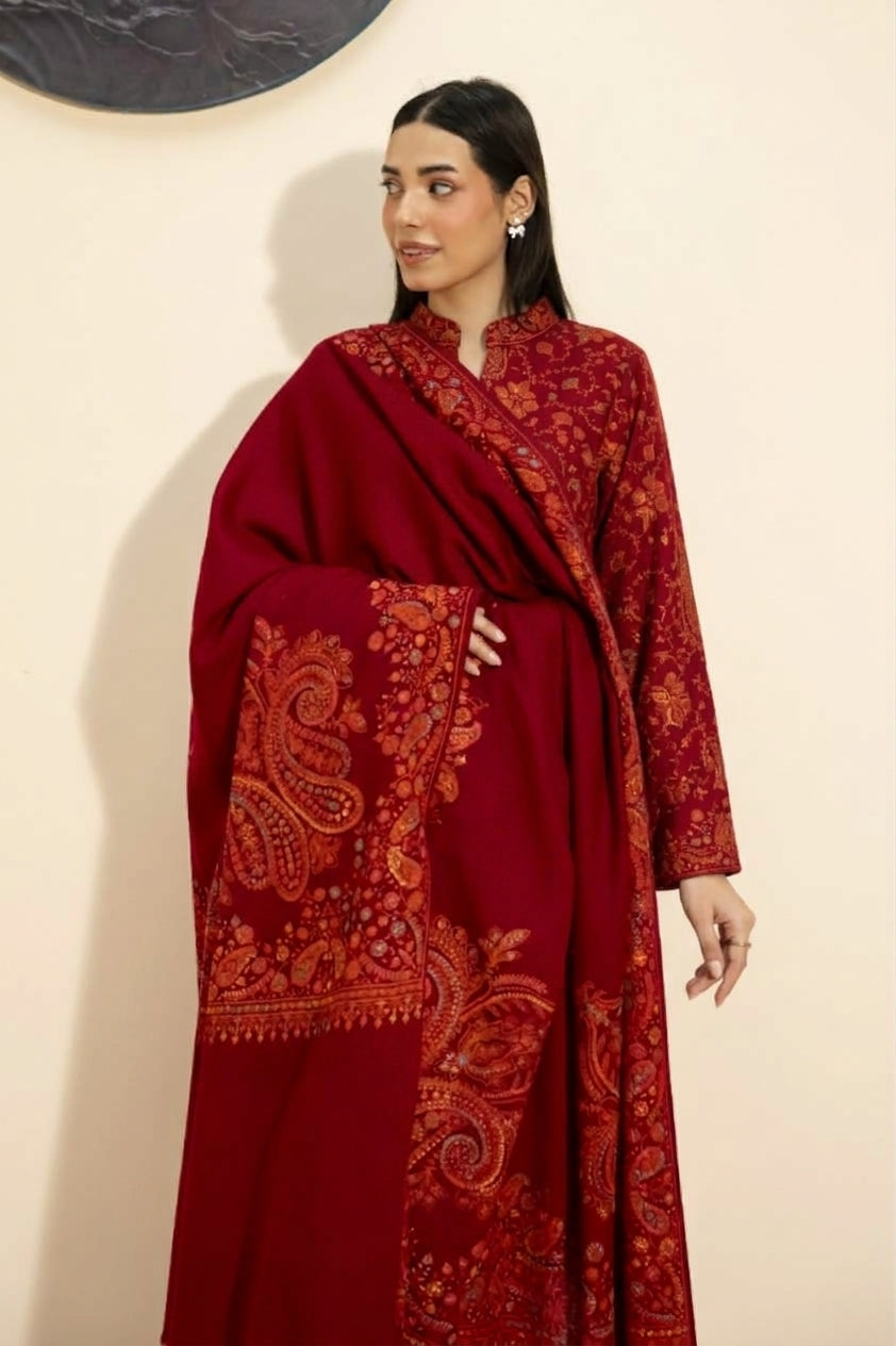 Kashmiri hand embroidered pashmina shawl in maroon styled with red hand embroidered pashmina coord set