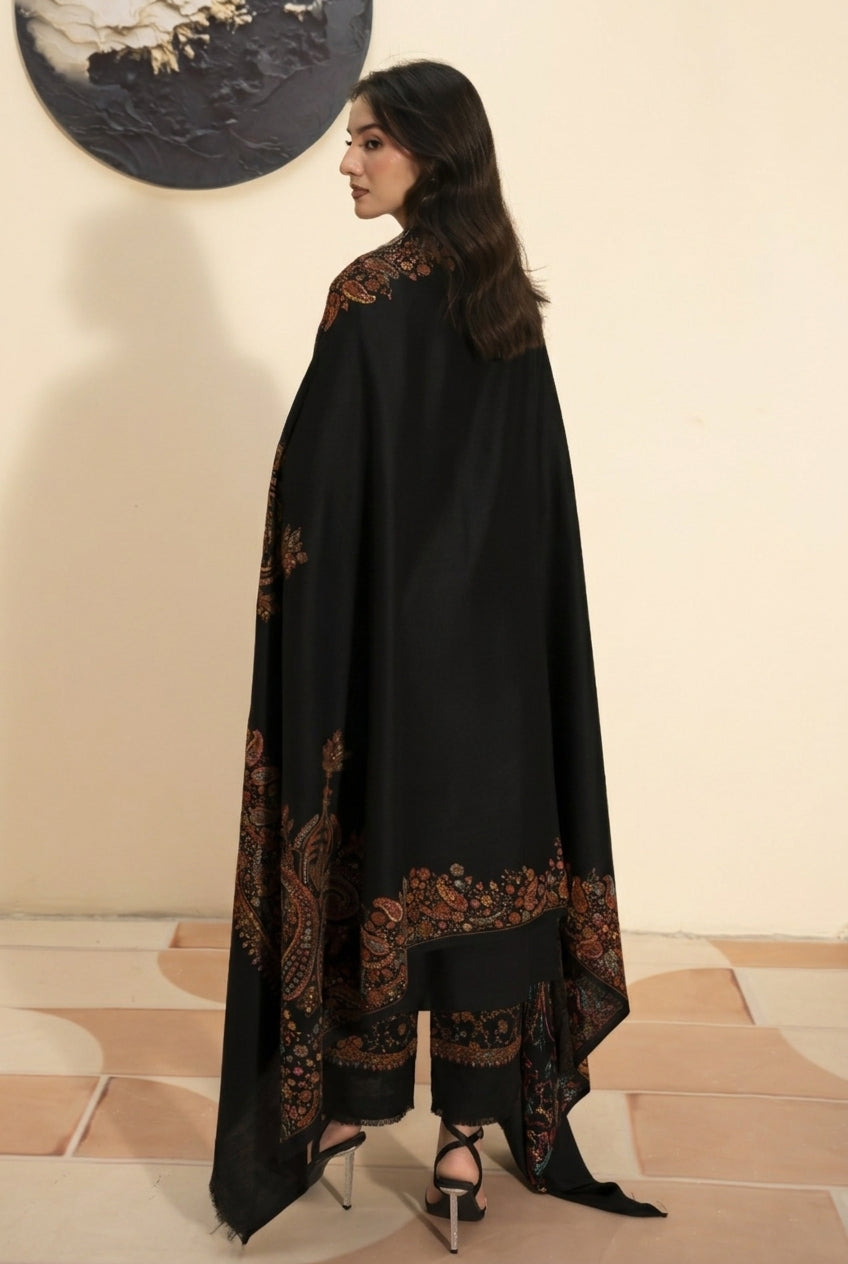 Kashmiri hand embroidered pashmina shawl in black styled with black hand embroidered pashmina coord set, back view