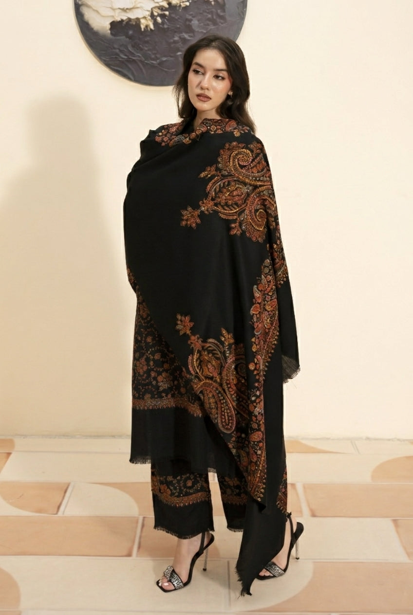 Kashmiri hand embroidered pashmina shawl in black styled with black hand embroidered pashmina coord set