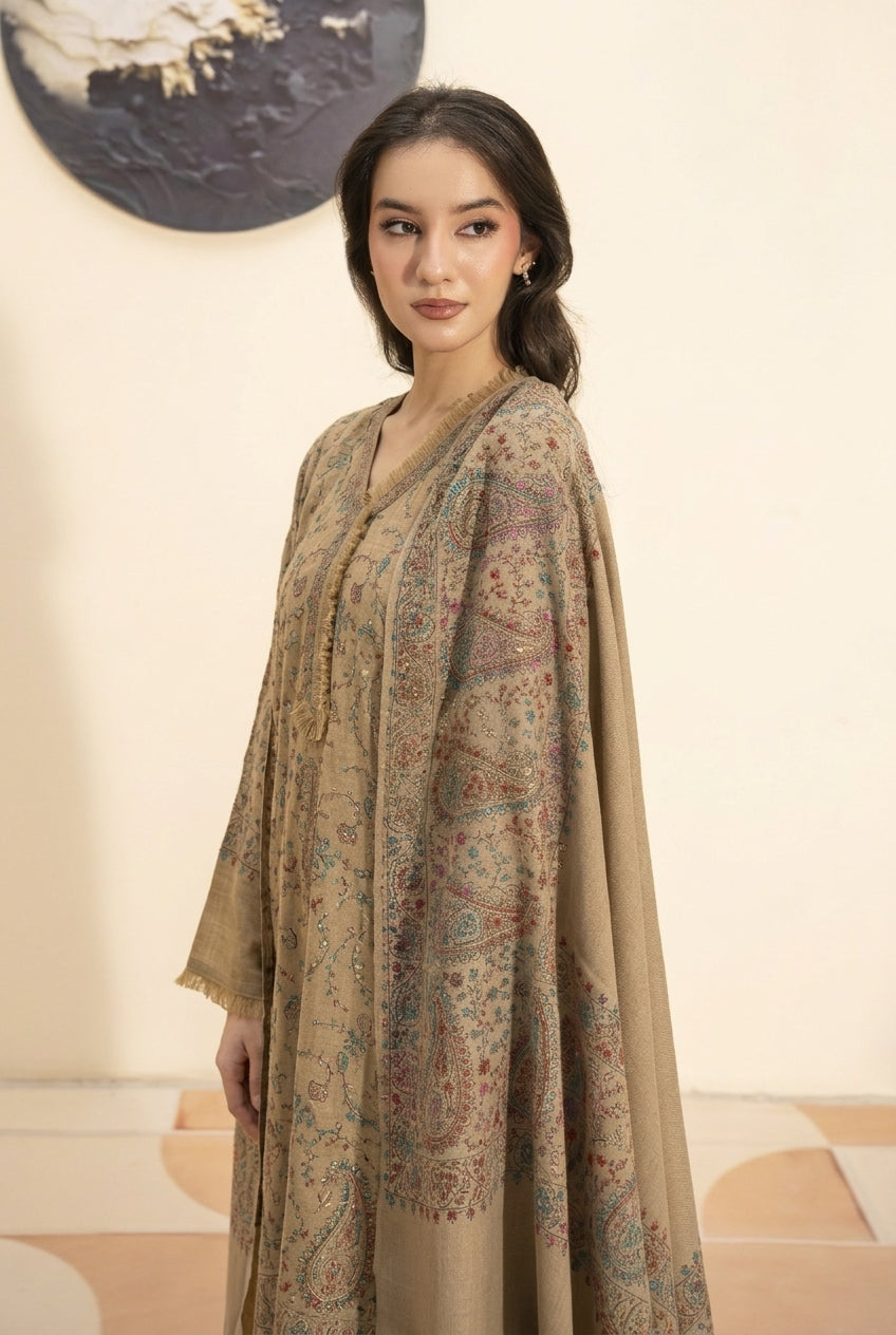 Royale Paisley hand embroidered pashmina shawl in beige styled with beige hand embroidered pashmina coord set
