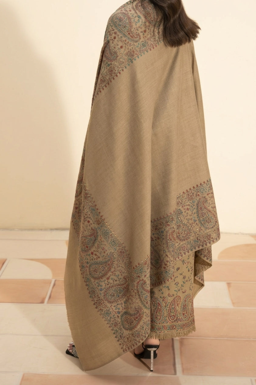 Royale Paisley hand embroidered pashmina shawl in beige styled with beige hand embroidered pashmina coord set, back view