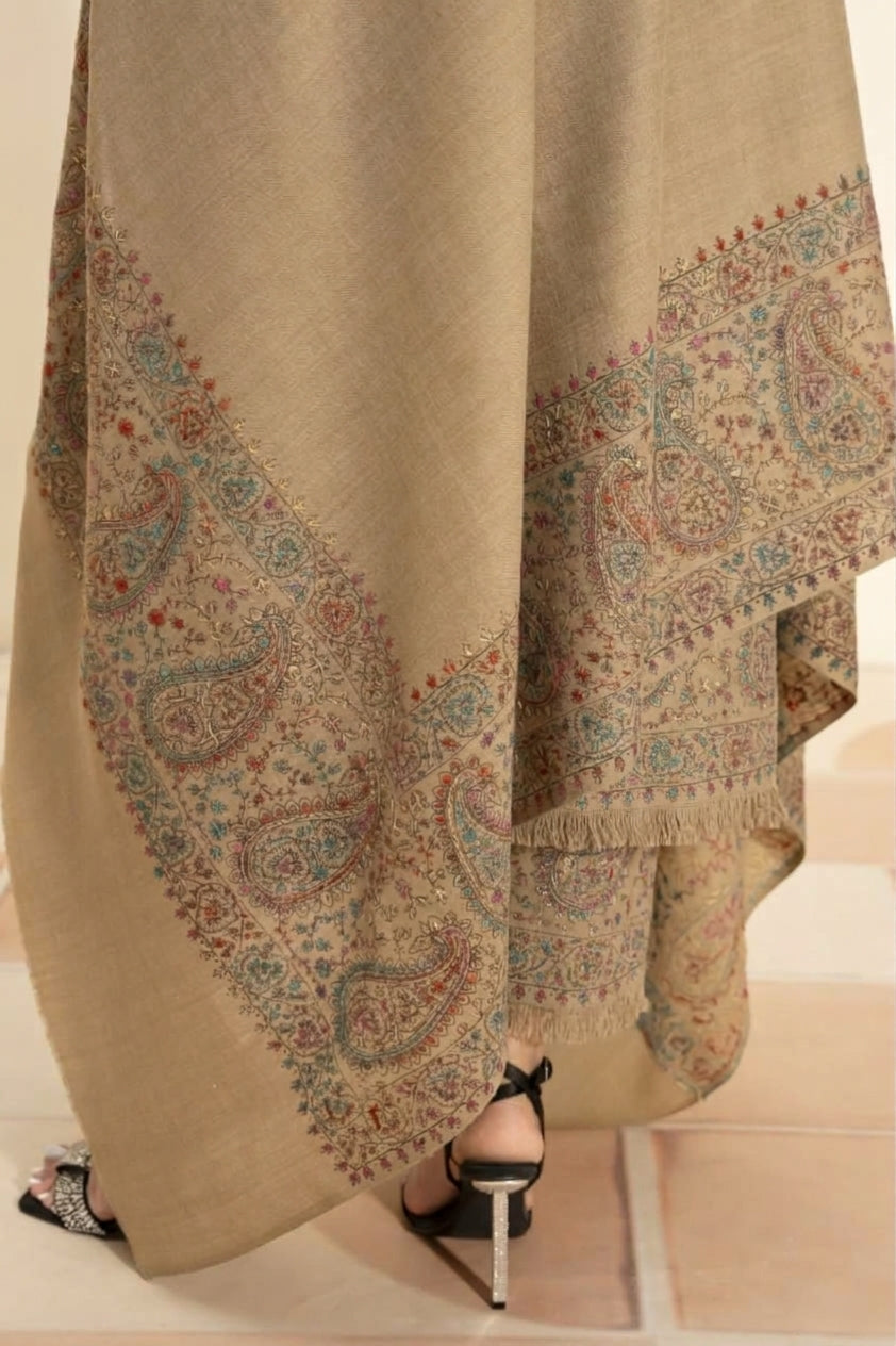 Royale Paisley hand embroidered pashmina shawl in beige styled with beige hand embroidered pashmina coord set, detail