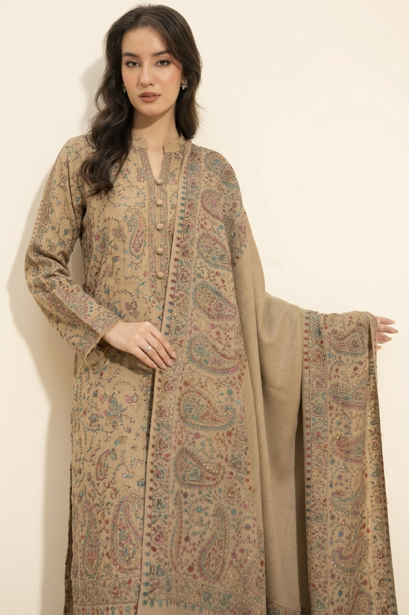 Royale Paisley hand embroidered pashmina shawl in beige styled with beige hand embroidered pashmina coord set