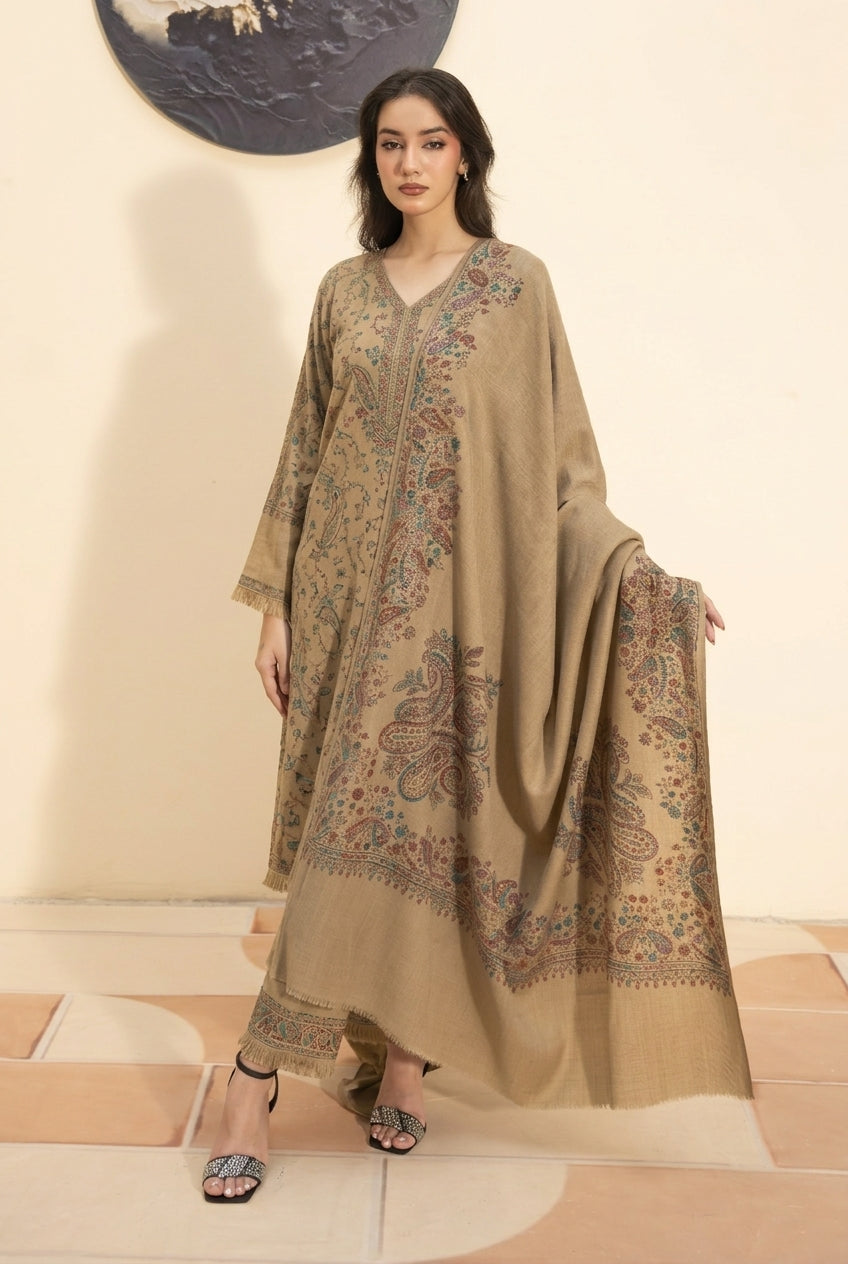 Kashmiri hand embroidered pashmina shawl in beige styled with beige hand embroidered pashmina coord set