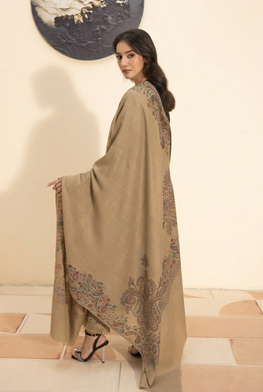 Kashmiri hand embroidered pashmina shawl in beige styled with beige hand embroidered pashmina coord set, side view