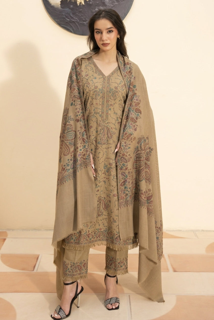 Kashmiri hand embroidered pashmina shawl in beige styled with beige hand embroidered pashmina coord set