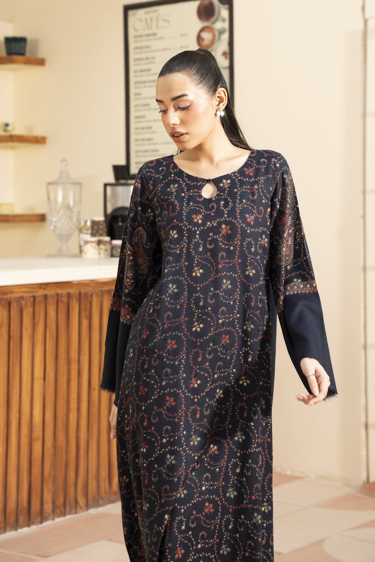 Navy Blue Hand Embroidered Pashmina Wool Kaftan Set (with trouser)