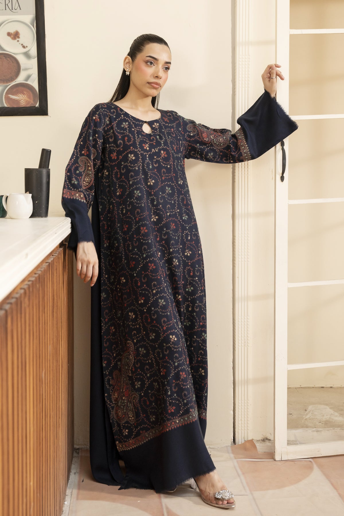Navy Blue Hand Embroidered Pashmina Wool Kaftan Set (with trouser)