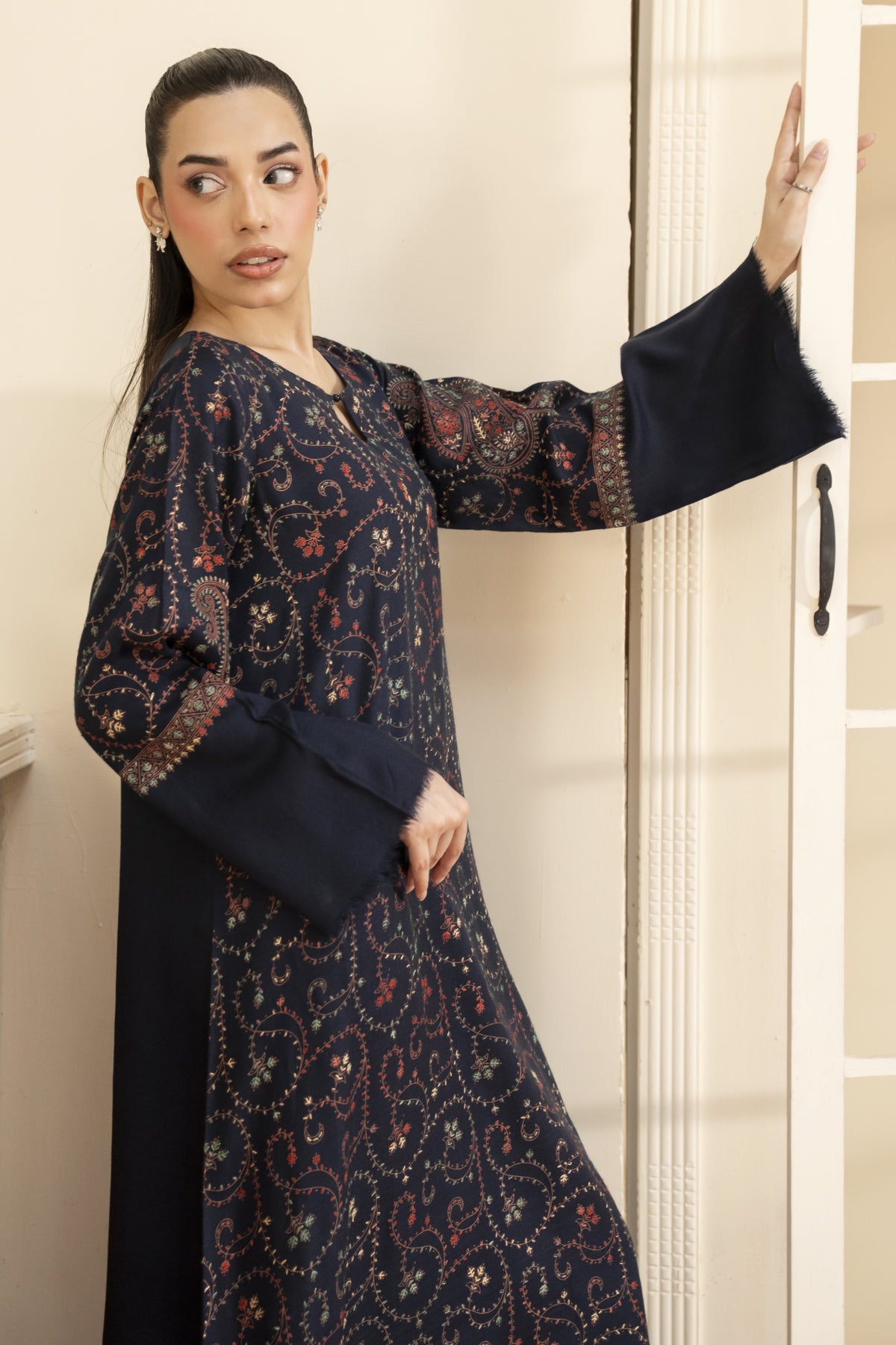 Navy Blue Hand Embroidered Pashmina Wool Kaftan Set (with trouser)