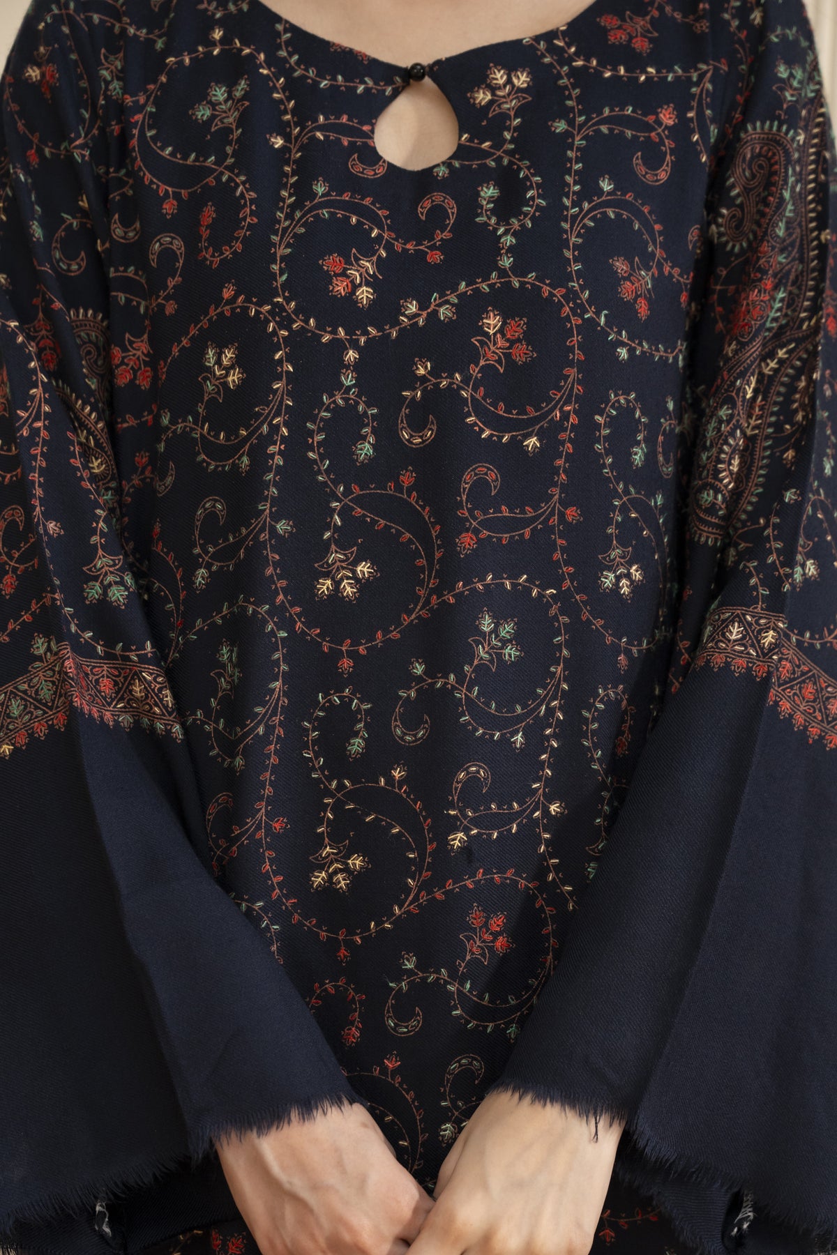 Navy Blue Hand Embroidered Pashmina Wool Kaftan Set (with trouser)