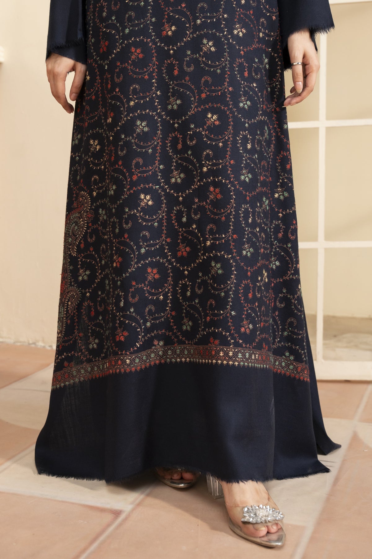Navy Blue Hand Embroidered Pashmina Wool Kaftan Set (with trouser)