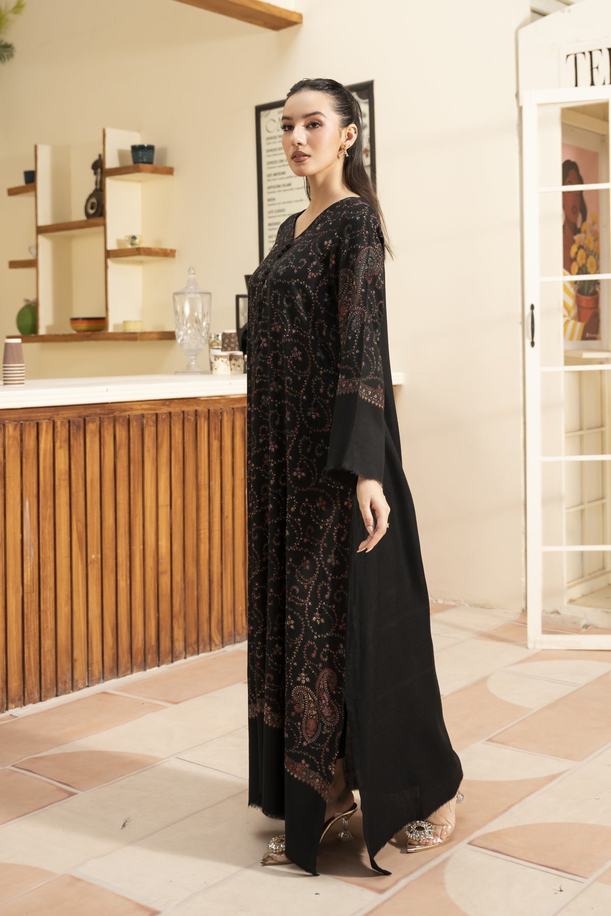 Black Hand Embroidered Pashmina Wool Kaftan Set (with trouser)