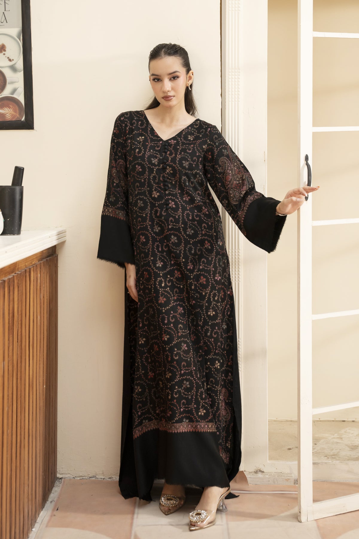 Black Hand Embroidered Pashmina Wool Kaftan Set (with trouser)