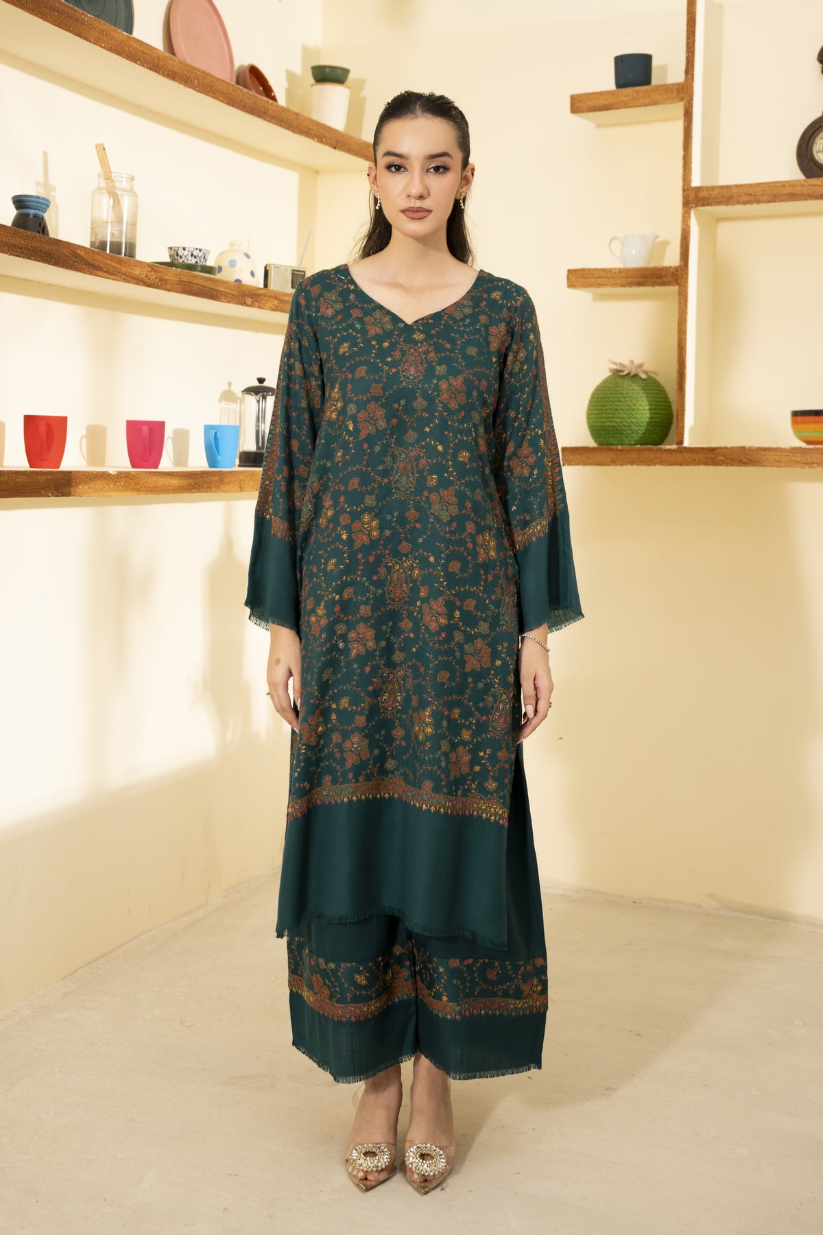 Hand Embroidered Pashmina Wool Coord Set - Teal