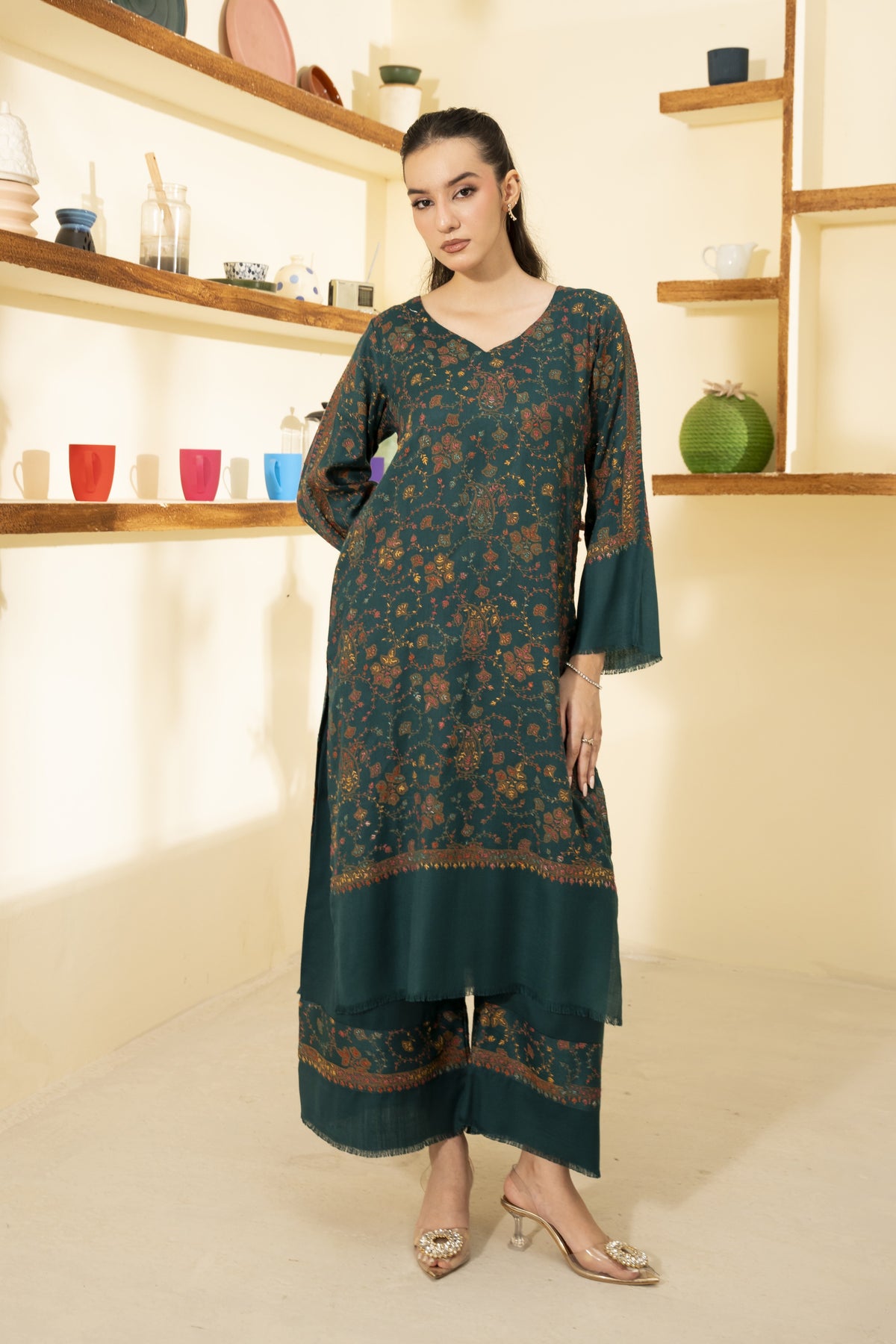 Hand Embroidered Pashmina Wool Coord Set - Teal