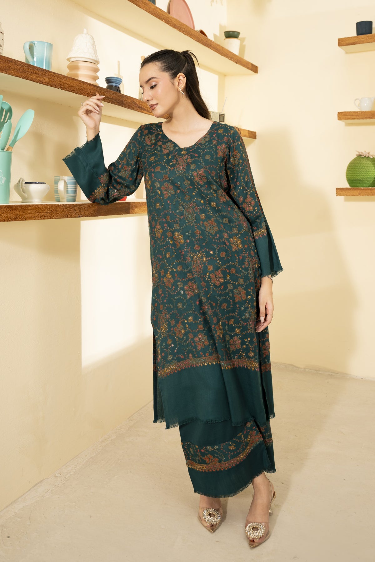 Hand Embroidered Pashmina Wool Coord Set - Teal