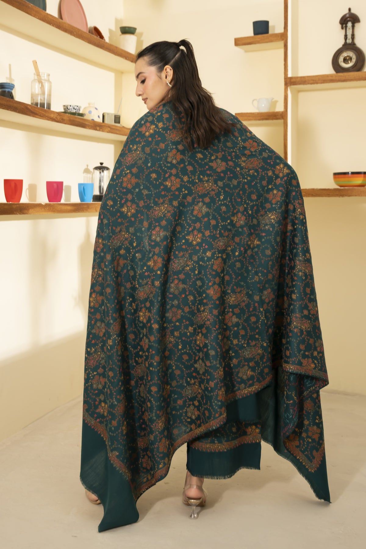 Teal Pashmina Needlework Shawl