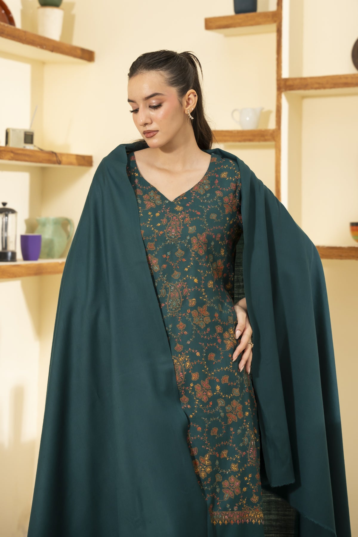 Plain Pashmina Wool Shawl-Teal