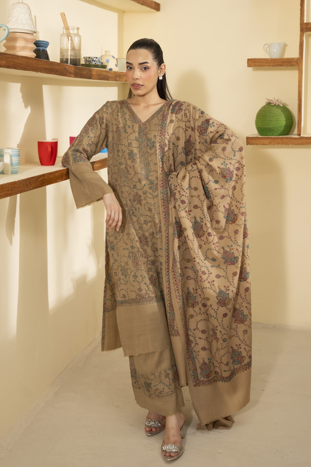 Beige Pashmina Needlework Shawl