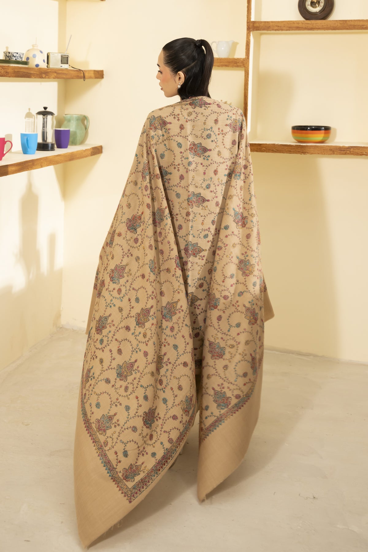 Beige Pashmina Needlework Shawl