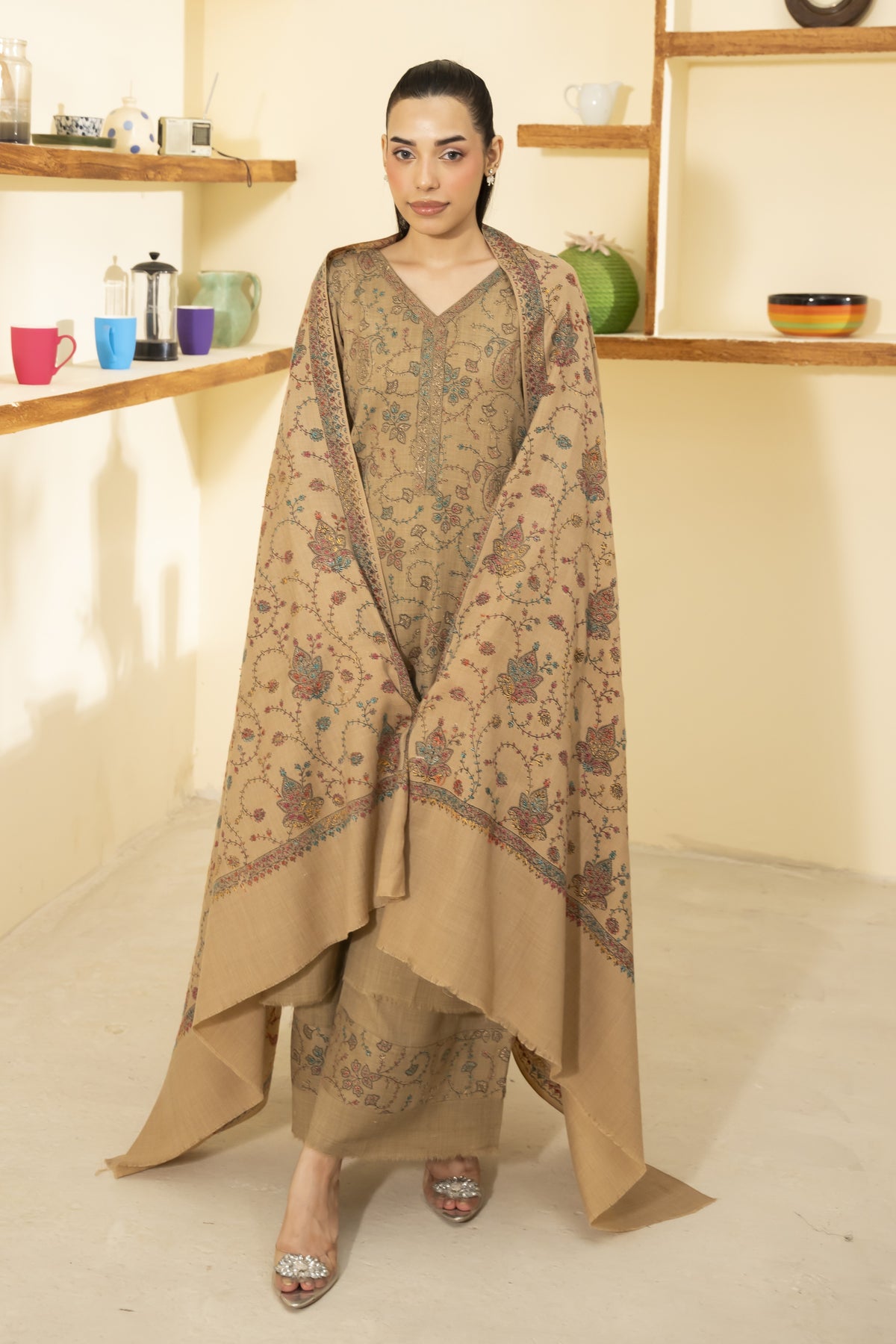 Beige Pashmina Needlework Shawl