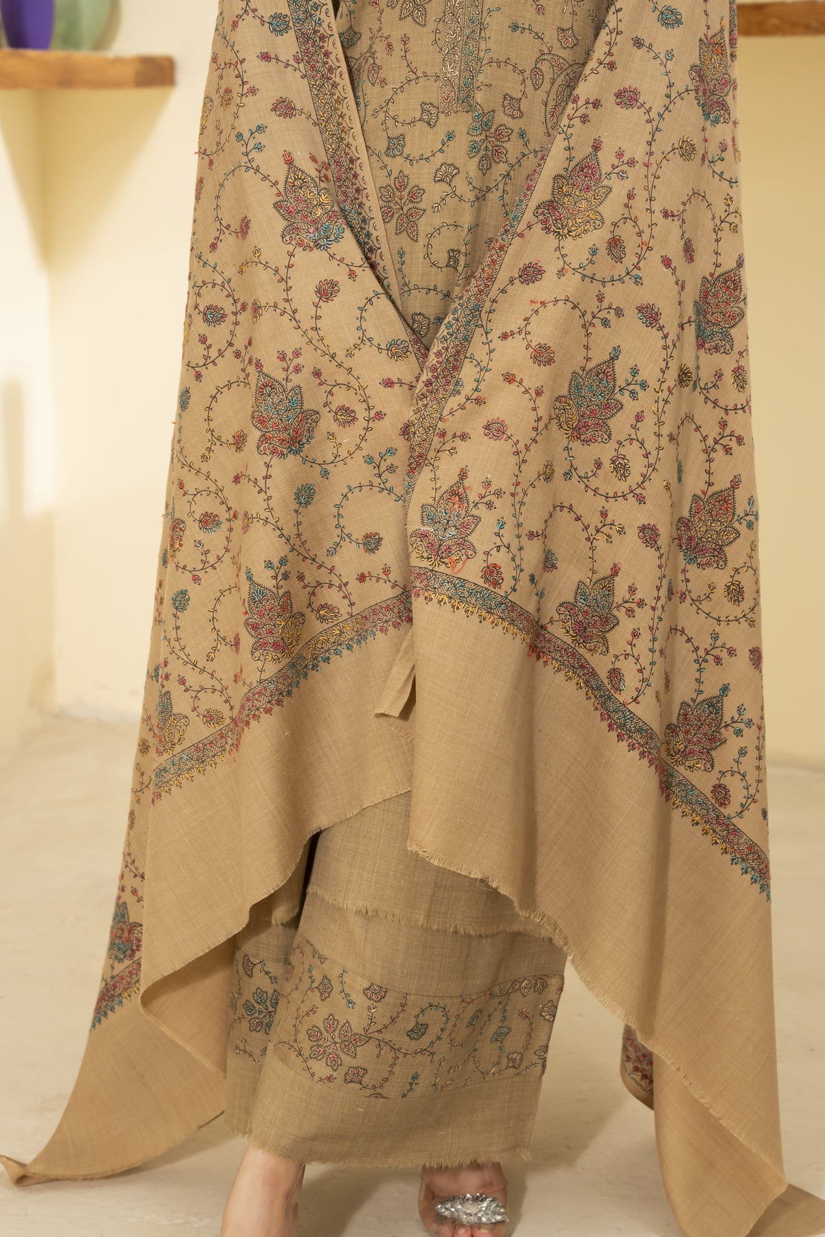 Beige Pashmina Needlework Shawl