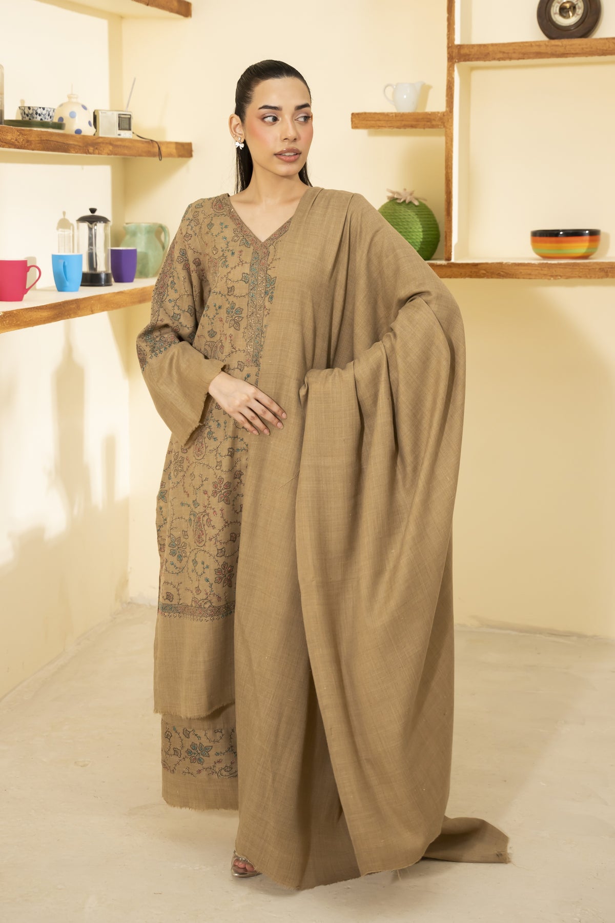 Plain Pashmina Wool Shawl-Beige