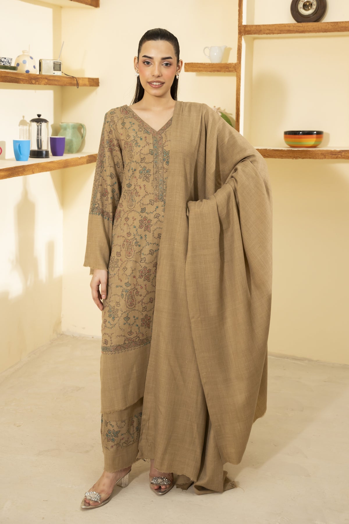 Plain Pashmina Wool Shawl-Beige