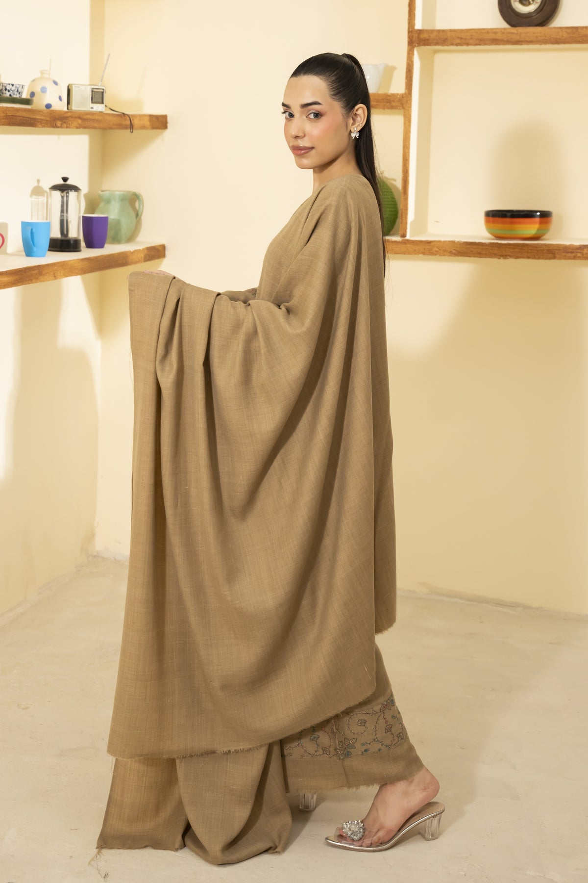 Plain Pashmina Wool Shawl-Beige